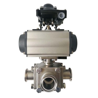 Sanitary pneumatic three way full cavity non retention ball valves L/T port with aluminum actuator and limit switch